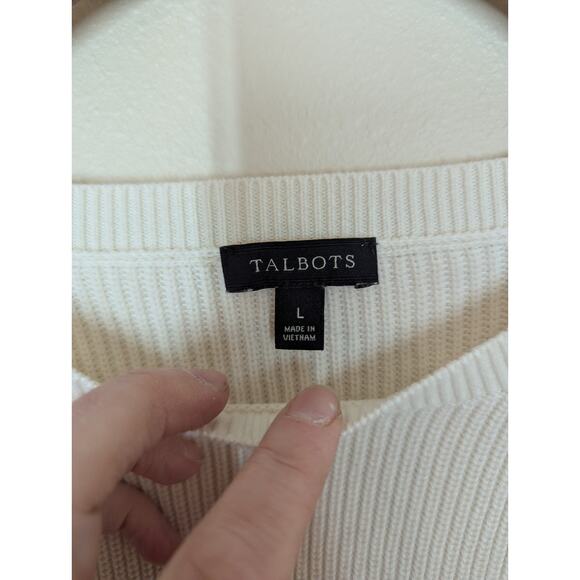 Talbots Sweater White Navy Blue Striped Nautical Gold Button Detail Size Large - Picture 3 of 9